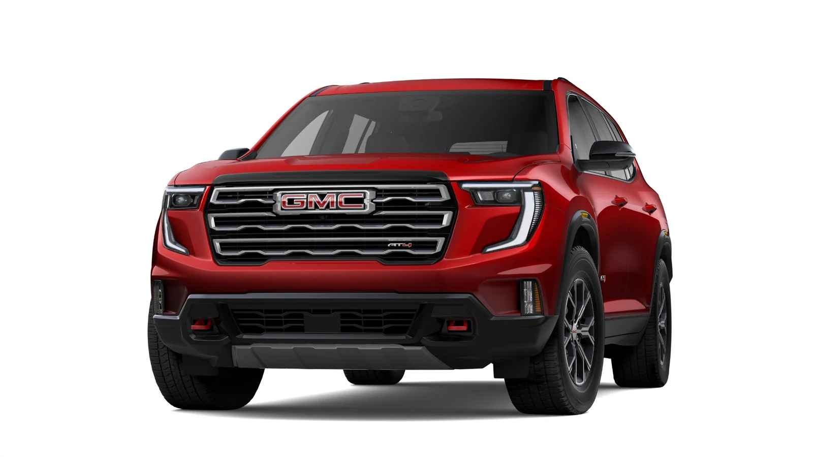 GMC Acadia AT4 2026 roja, vista frontal tres cuartos