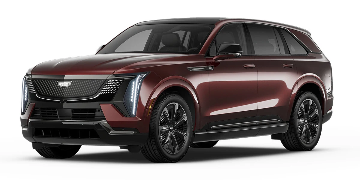 Cadillac Escalade IQ Sport 2 2026 color vino en vista frontal tres cuartos