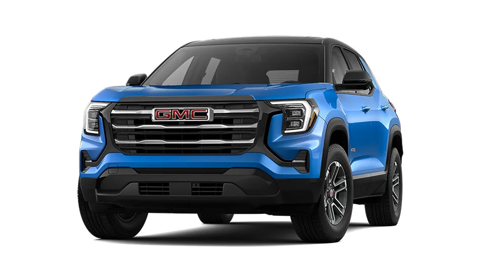 GMC Terrain AT4 Bitono AWD 2026 azul con techo negro, vista frontal tres cuartos